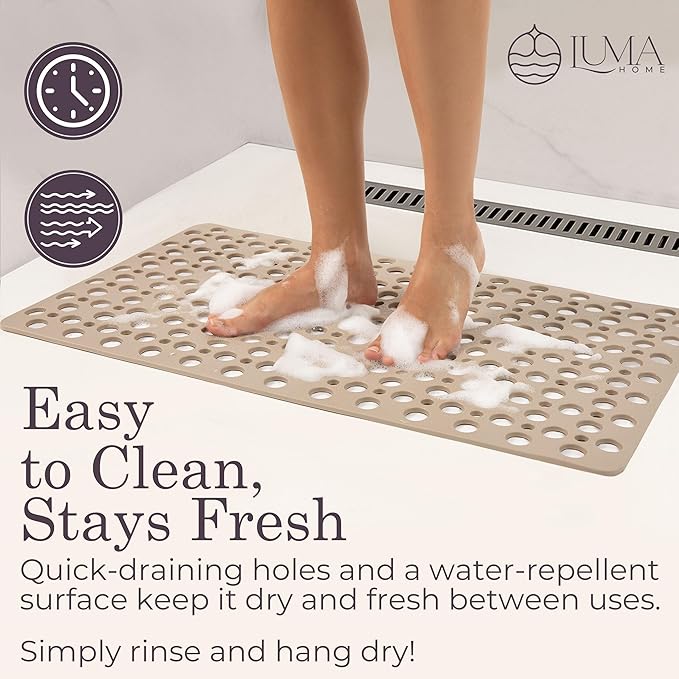 Non Slip Bathtub Mat and Shower Mat Beige TPE Strong Suction Cups Aesthetic Bath Mat for Inside Shower with Soft Texture, Quick-Dry Drain Holes, Spa-Inspired Design 30x17” (75x43 cm)