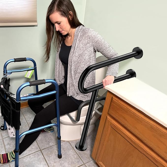 Toilet Support Rail 23.4X 28 Inch, Munzong Anti-Slip Black Handicap Grab Bar for Bathroom, Stainless Steel Knurled Safety handrails with Leg for Elderly Disabled Pregnant-1.25’Tube