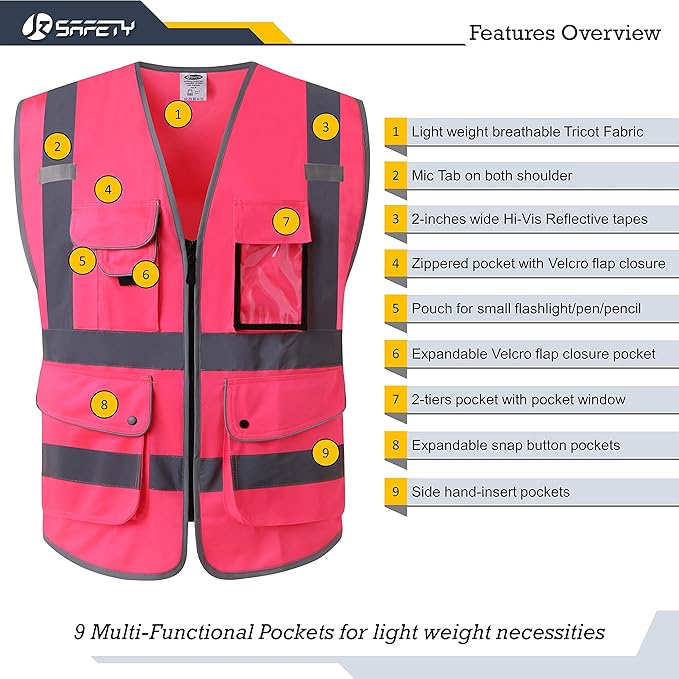 JKSafety 9 Pockets Class 2 High Visibility Zipper Front Safety Vest With Reflective Strips, Meets ANSI/ISEA Standards (Medium, 150-Pink)