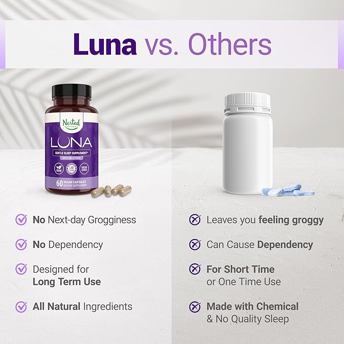 Nested Naturals Luna Sleep Aid - Non-Habit Forming Natural Sleeping Pills for Adults with Naturally Sourced Ingredients - Valerian Root, Melatonin, Chamomile, Lemon Balm, and More - 60 Vegan Capsules
