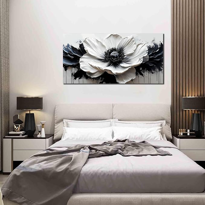 Flower Canvas Wall Decor Living Room - Black and White Pictures Wall Art for Bedroom Women - Fashion Art Wall Decor Office Size 24" x 48"