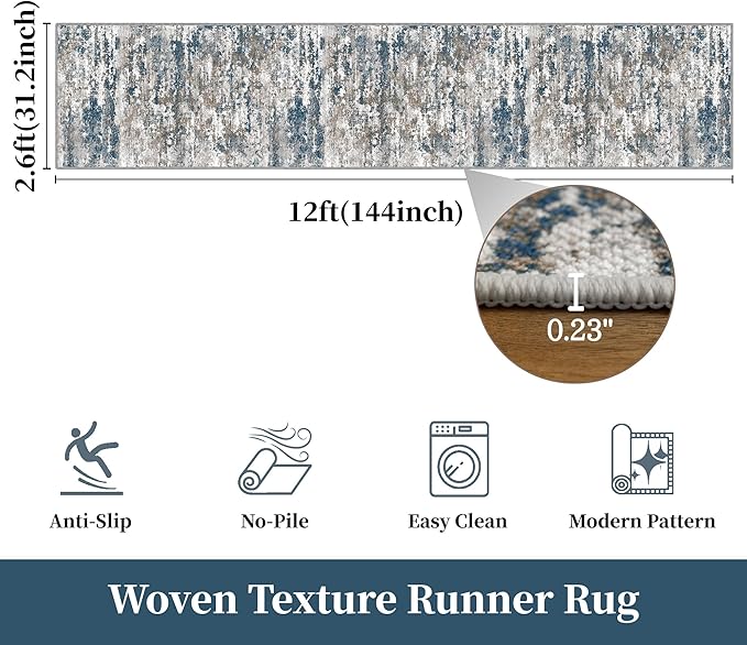 Kitchen Rugs Ultra Non-Slip 2.6x12 Washable Runner Rug Abstract Tear and Stain Resistance No Pile Lightweight Runners for Entryway, Hallway, Walkway, Bedside, Entrance, Multi