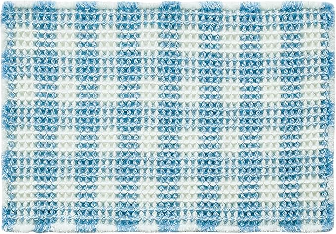 Waffle Bath Mat, Boho Bathroom Rugs Non Slip Washable Absorbent Checkered Bathroom Mat Quick Dry Cute Bath Mat, 36"x24" Blue and White