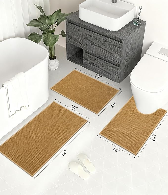 YIHOUSE Bathroom Rugs Mats Sets 3 Pieces, Ultra Thin Bath Mat Absorbent Non Slip Bath Rugs for Bathroom Washable, Shower, Sink, Laundry (Yellow, 3 Pieces)