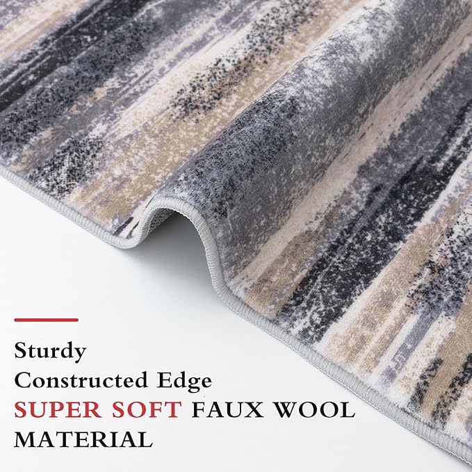 Modern Abstract Runner Rug 2x12, Grey Black Multi Washable Long Kitchen Runner Non-Slip Soft Hallway Rug Runner Thin Print Faux Wool Carpet for Entryway Bedroom Laundry Room Indoor Home Decor