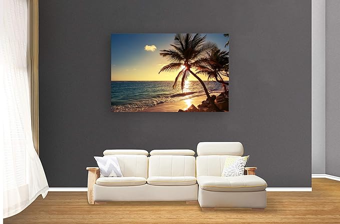 Muolunna S04969 Wall Art Decor Large Canvas Print Picture Sunset Ocean Beach Waves 1 Panel Coconut tree Scenery Painting Artwork for Office Home Decoration Stretched and Framed Ready to Hang XLarge