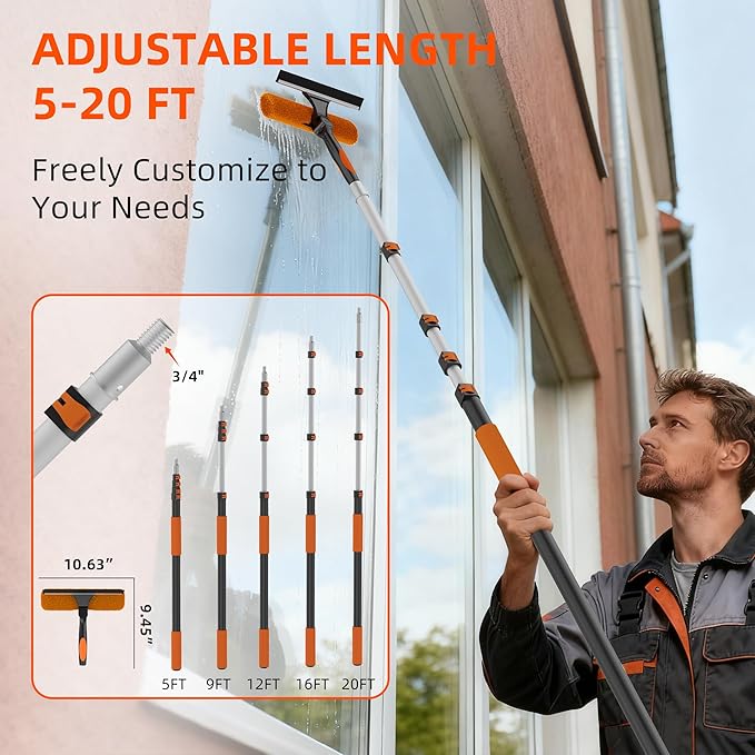 26FT High Window Cleaning Kit with Pole, 2-in-1 Window Squeegee with 5-20 FT Telescoping Extension Pole - Professional Window Washing Kit with Long Handle, Multi-Use Cleaning Tool for High Windows