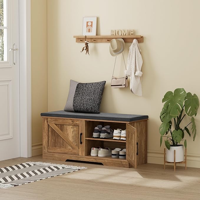 2-Tier Storage Bench, 39.4" Wide Shoe Bench with Padded Seat Cushion, Entryway Bench with 2 Barn Doors and Adjustable Shelf, Rustic Walnut