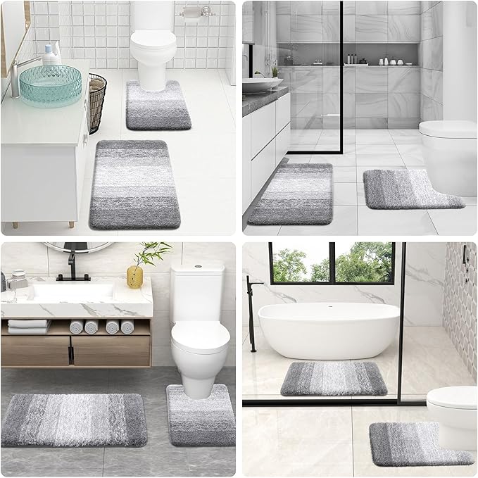 OLANLY Bathroom Rug Set 2 Piece, Soft Absorbent Microfiber Bath Mats and U-Shaped Contour Toilet Rug, Non-Slip, Machine Wash Dry, Plush Shaggy Bath Mats for Bathroom (30"x20"+24"x20", Light Grey)