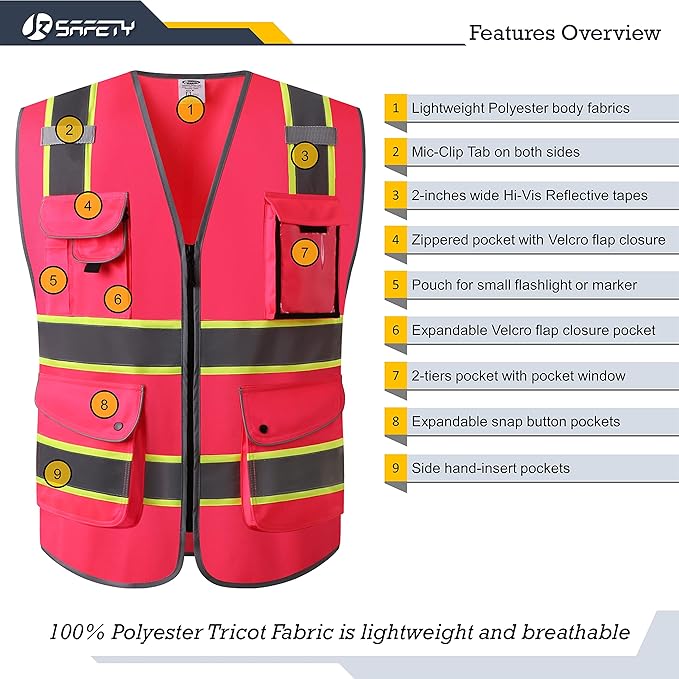 JKSafety 9 Pockets High Visibility Zipper Front Safety Vest | Pink with Dual Tone High Reflective Strips | Meets ANSI/ISEA Standards (901-Pink, 3X-Large)