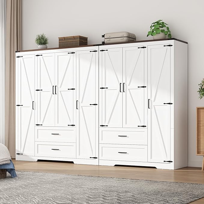 7 Doors Wardrobe Armoire Closet with Doors and Drawers, Farmhouse Wooden Armoire Storage Cabinet with Shelves & Hanging Rod for Bedroom, White