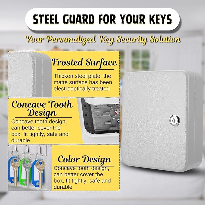 Flexzion Key Box Wall Mount With Code - 40 Capacity Key Box Organizer, Lock Box Key Holder, Secure & Durable Key Storage Box Cabinet with Colored Tags & Hooks for Homes & Business, Gray