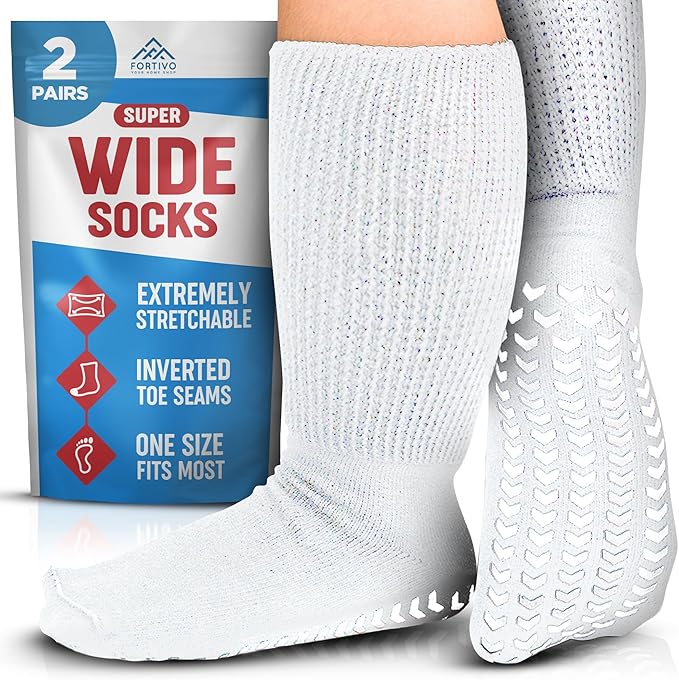 2 Pairs Extra Wide Socks For Swollen Feet, Non-Slip Hospital and Diabetic Socks for Men and Women