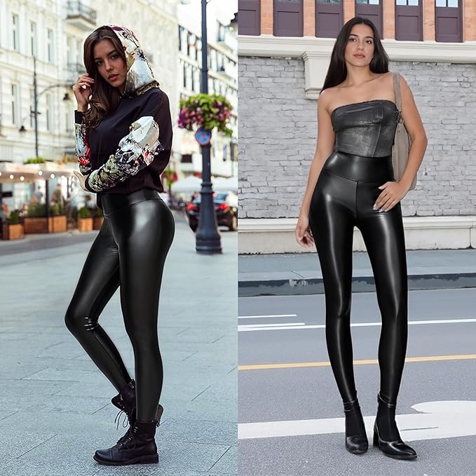 Ginasy Faux Leather Leggings for Women Tummy Control Stretch High Waist Pleather Pants with Thin Fleece Lined