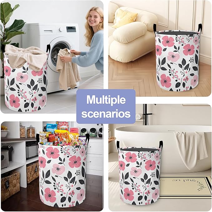 Laundry Basket, Pink Flowers Oxford Cloth Laundry Hamper With Handle Foldable Portable Clothes Storage Basket Storage Bag For Laundry Room/Bathroom/Bedroom/Dormitories