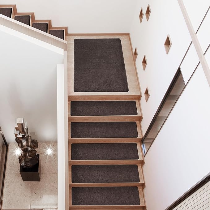 PURE ERA Carpet Stair Treads Ultra Plush 8 x 30 inch Soft Indoor Stair Protectors Pet-Friendly Non-Slip Skid Resistant Tape Free Washable Reusable(7 Pieces,Dark Brown)