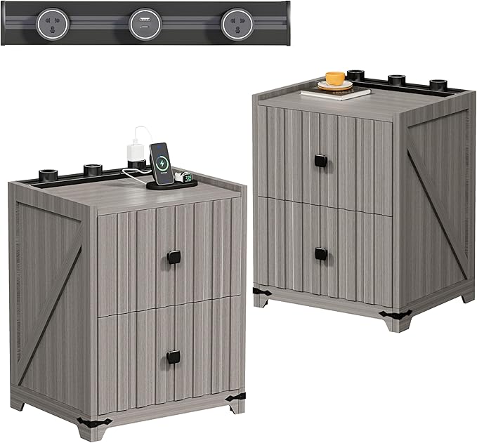 Night Stand Set 2 with Slidable Charging Station,Bedside Table with 2 Drawers,Farmhouse End Table and Nightstand,Small Side Table for Bedroom（Newly Upgraded 2 PCS）