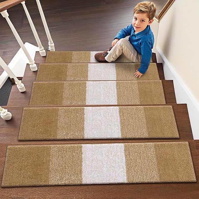 OLANLY Stair Treads Non Slip 15PCS, 8" x 30" Indoor Stair Runners for Wooden Steps, Edging Stair Rugs with Reusable Peel and Stick Adhesive for Kids Elders and Pets, Camel