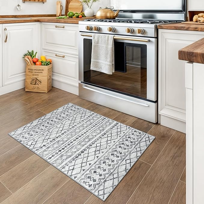 KUTA Washable Non-Slip Rugs for Entryway 2x3, Grey Moroccan Boho Small Area Rug, Ultra Soft Vintage Geometric Low-Pile Indoor Door Mat Floor Carpet for Indoor, Entrance, Kitchen, Bathroom, Bedroom