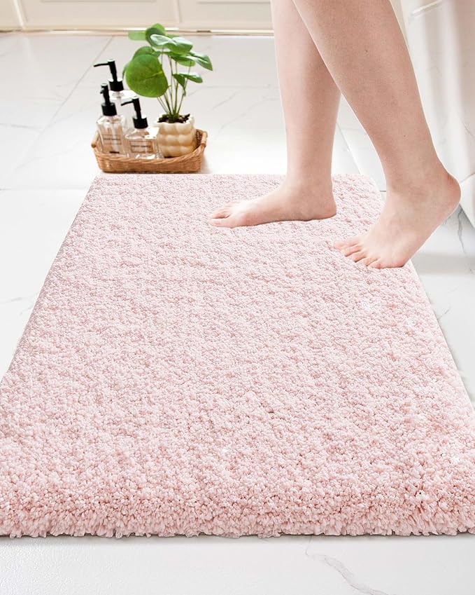 Bathroom Rugs 36x24, Ultra Thick Shaggy Soft Microfiber Absorbent Bath Rug, High Density Foam Latex Non Slip Backing, Machine Washable Bath Mats for Bathroom Floor & Sink, Pink