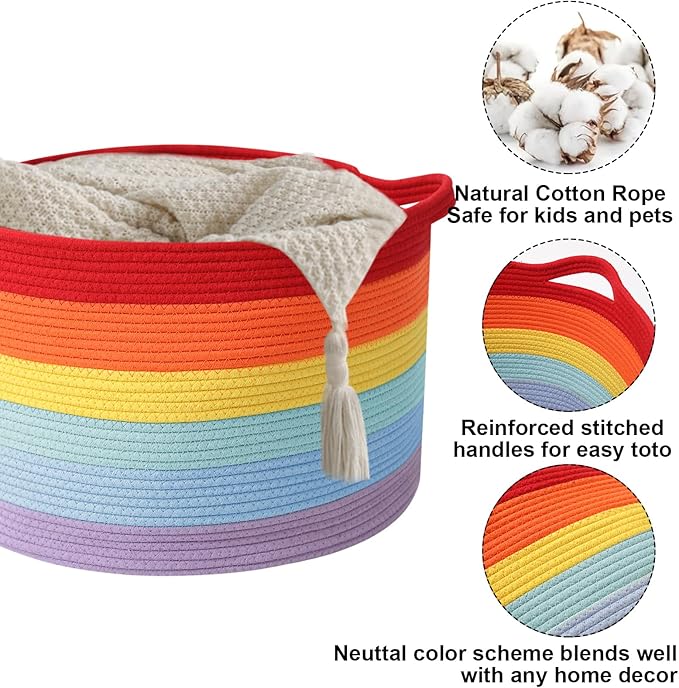 Large Storage Basket with Handle,19.7" L x 19.7" W x 13" H Blanket Basket Storage Bins for Organizing,65L Cotton Rope Woven Baskets for Living Room, Nursery ,Bedroom,Rainbow