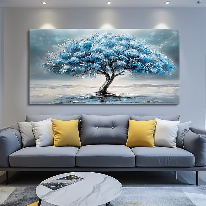 FUHAIHUA Large Wall Decor For Living Room Canvas Wall Art For Bedroom Office Decorations Blue Tree Paintings Abstract Wall Pictures Artworks ReadyTo Hang Framed Mural Home Decor Posters Art 60"X30"
