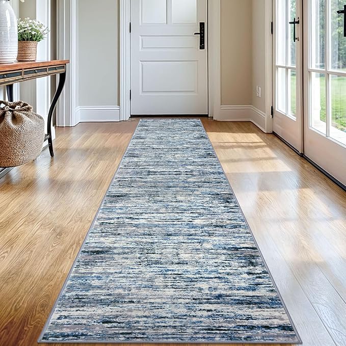 Modern Abstract Runner Rug 2x12, Grey Blue White Washable Long Kitchen Runner Non-Slip Soft Hallway Rug Runner Thin Print Faux Wool Carpet for Entryway Bedroom Laundry Room Indoor Home Decor