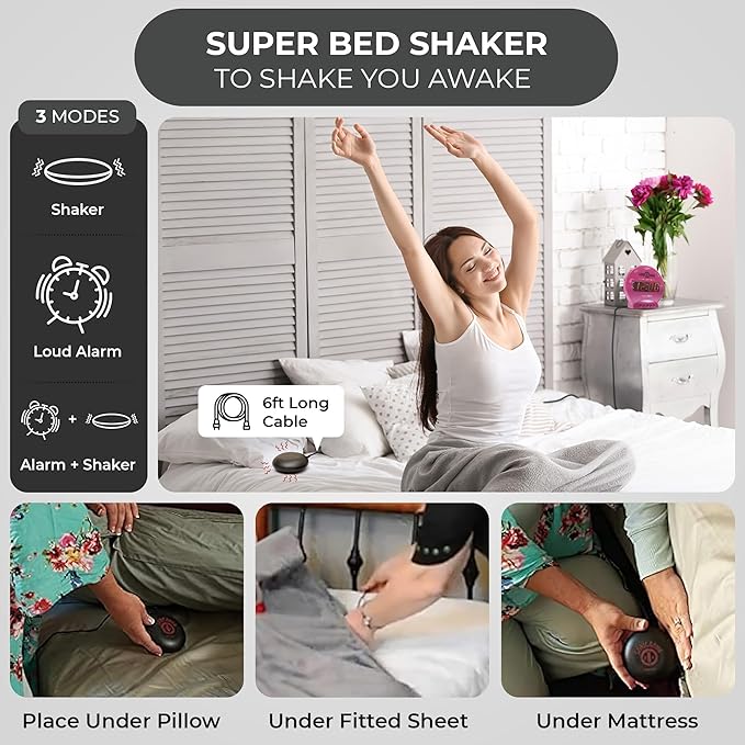 Sonic Alert Sonic Bomb Dual Alarm Clock with Bed Shaker, Pink Vibrating Alarm Clock Heavy Sleepers, Battery Backup | Wake with a Shake