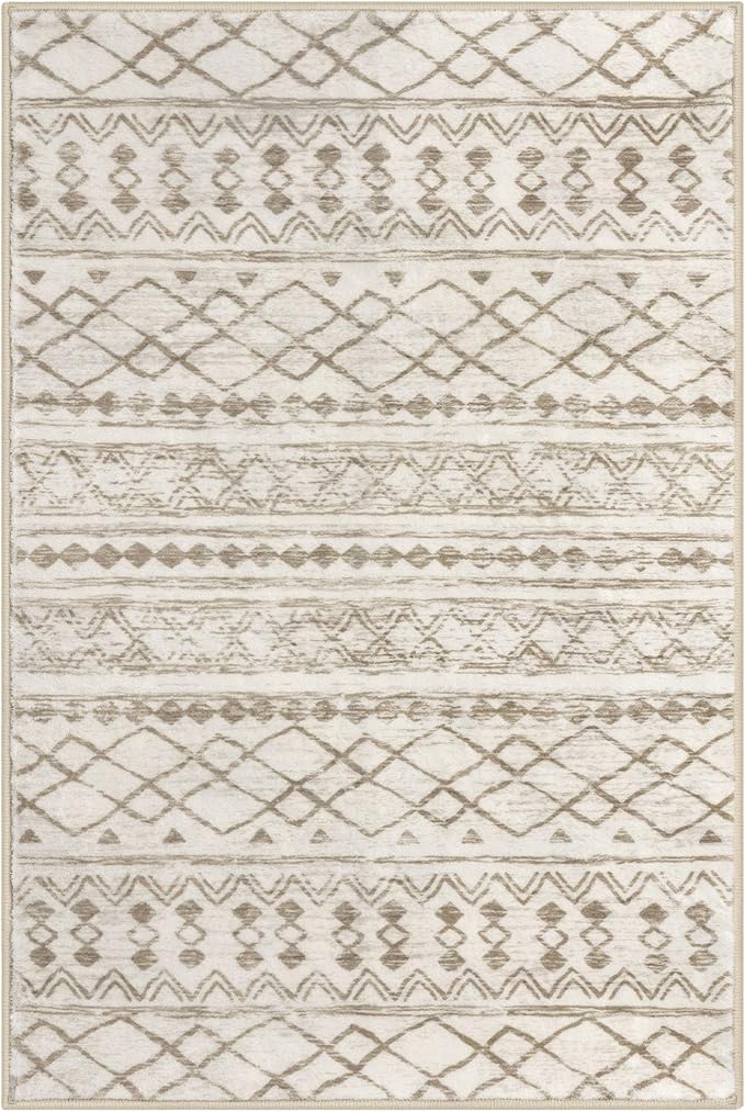 KUTA Washable Non-Slip Rugs for Entryway 2x3, Beige Moroccan Boho Small Area Rug, Ultra Soft Vintage Geometric Low-Pile Indoor Door Mat Floor Carpet for Indoor, Entrance, Kitchen, Bathroom, Bedroom