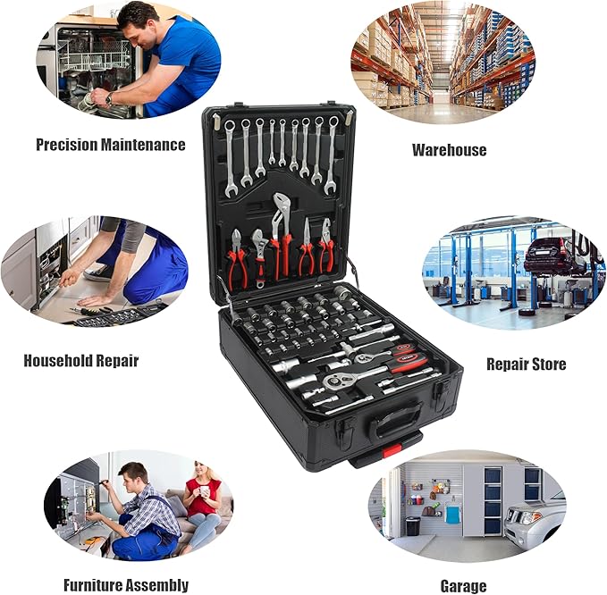 Campfun 899PCS Tool Set, Household Tool Kit with Rolling Tool Box, Complete Tool Box Set Hand Tool Set with Tool Box, Mechanic Tool Set Rolling Tool Set for Home/Auto Repair Tool Set, Black