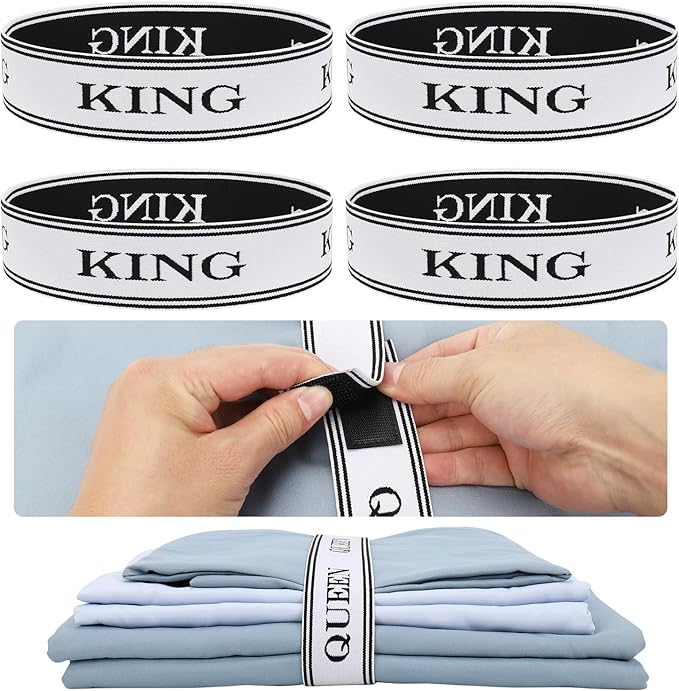 Bed Sheet Organizer Bands with Hook and Loop Adjustable Sheet Organizers and Storage Label Bands for Linen Closet-Elastic Bedding Sheet Keeper Straps for Bedsheet Sets (King 4PCs)