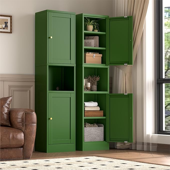 2-Door Metal Storage Cabinet, Tall Slim Pantry Organizer with 3 Adjustable Shelves (120LBS/Shelf), Anti-Tipping Waterproof Cabinet for Bathroom/Kitchen/Home Office/Small Spaces,(1PC,Green)