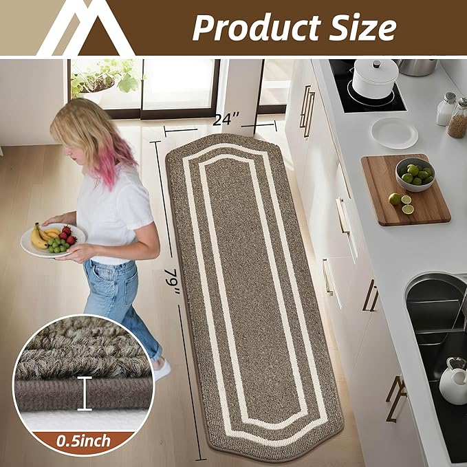COSY HOMEER Long Kitchen Floor Mats for in Front of Sink Super Absorbent Kitchen Rugs and Mats 24"x79" Non-Skid Kitchen Mat Standing Mat Washable,Polypropylene,Brown,Frame