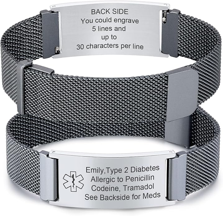VNOX Medical Alert Id Bracelet for Men Women, Custom Engraving Adjustable Stainless Steel Customizable Mesh Emergency Survival Medic Bracelets Wristband Loop Band with Replacement Tag