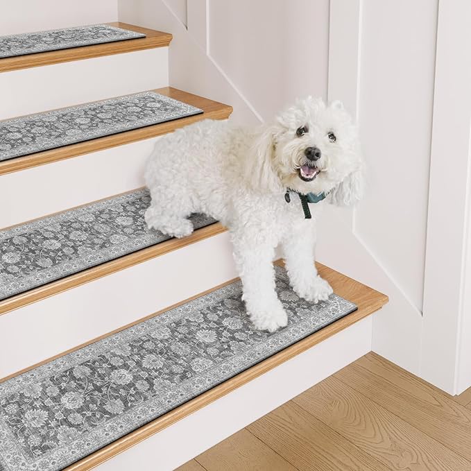 OJIA Extra Non-Slip Stair Treads for Wooden Steps 15PCS, 30"X8" Rubber Indoor Stair Runner Slip Resistant Stair Rugs Safety Mats for Dogs, Kids & Elders, Stairway Grip Step Treads, Gray
