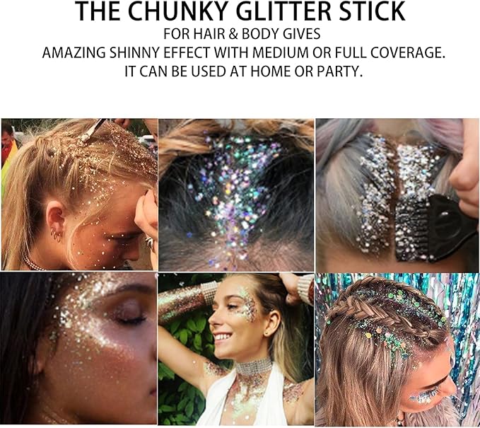MEICOLY Silver Body Glitter Stick,Waterproof Halloween Face Glitter Gel,Chunky Glitter Face Paint,Mermaid Sequin Hair Glitter Makeup,Sparkle Body Glitter for Women,Festival Accessories Glitter