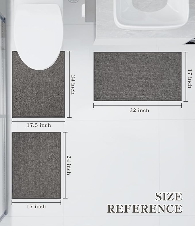 chakme 3 Piece Bathroom Rug Set, Ultra Thin Bath Mat, Absorbent & Quick Drying, Non Slip, Dark Grey, 17" x 24" / 17" x 30" / 17" x 59" Geometric Modern Bath Mat
