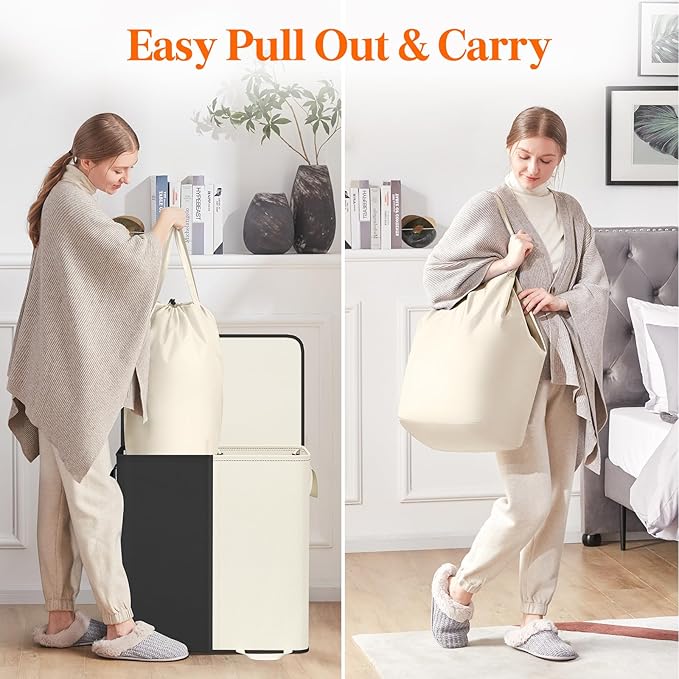 Lifewit Double Laundry Hamper with Lid and Removable Laundry Bags, Large Collapsible 2 Dividers Dirty Clothes Basket with Handles for Bedroom, Laundry Room, Closet, Bathroom, College, 136L White&Black