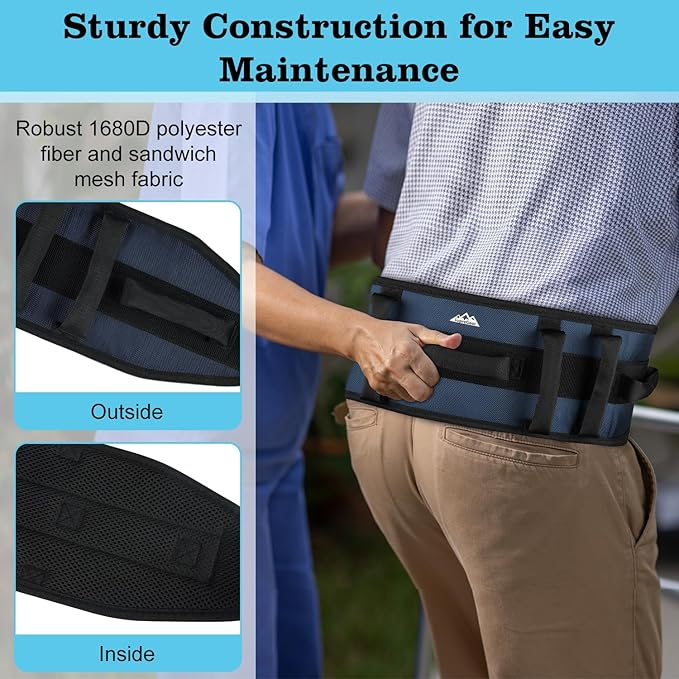 supregear Gait Belt - Anti-Slip Transfer Aid with 7 Handles and Quick-Release Buckle, Perfect for Senior Care, Dark Blue