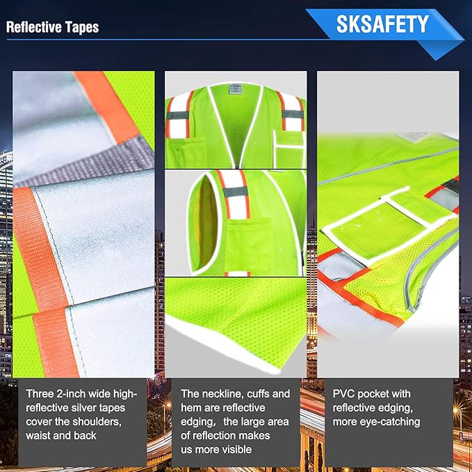 SKSAFETY 10 Pockets Safety Vest, Class 2 High Visibility Security with Zipper Double-sided mesh, Hi Vis Vest with Reflective Strips, ANSI/ISEA Standard, Construction Work Vest （Lime, L）