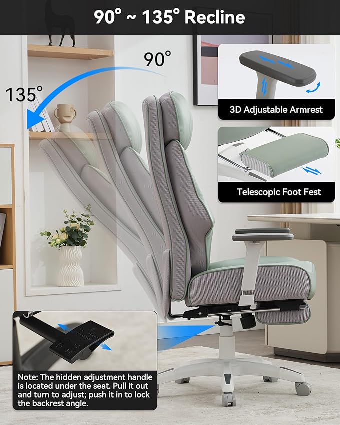 DJ·Wang Big and Tall Office Chair 400lbs with Foot Rest, High Back Executive Office Chair with Extra-Thick Spring Cushion, Ergonomic Leather Chairs Green