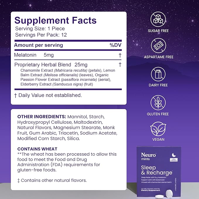 Neuro Sleep & Recharge Meltaway Mints - Contains Melatonin 5mg, Chamomile & Elderberry - Travel Aid for Nighttime Relaxation & Healthy Sleep Cycle - Night Berry 144, ct