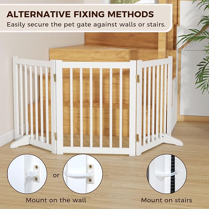 Indoor Dog Gate,Wooden Freestanding Dog Gate for Stairs or Doorways-3 Panels 24" - Folding Solid Wood Safety Pet Fence with 2 Support Feet-White Color