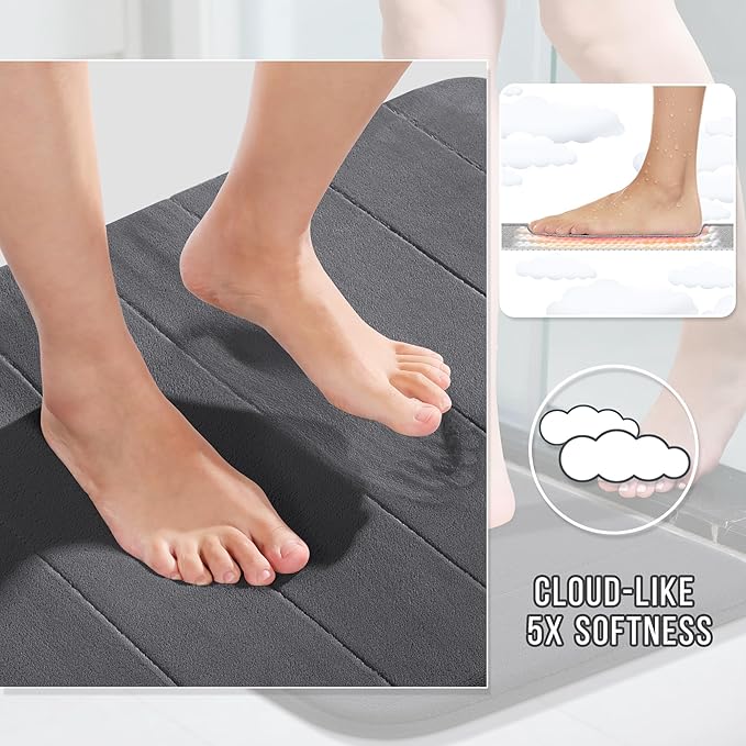 Yimobra Memory Foam Bath Mat Set 3 Pieces- Super Soft Absorbent Quick Dry Bathroom Rug Sets, Machine Washable Non Slip Floor Carpet for Tub Shower, Vanity & Toilet Base, Dark Gray