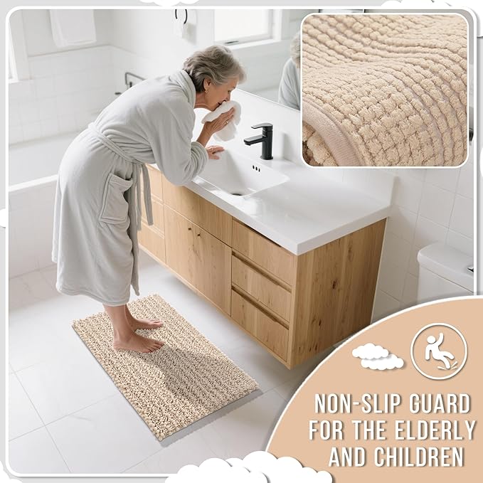Yimobra Bathroom Rugs Sets 2 Piece - Quick Dry Extra Thick Luxury Chenille Bath Mat, Non Slip Super Absorbent for Tub Shower Sink, Machine Washable Shaggy Floor Mat, 44"x24"+24"x17" Inch, Light Brown