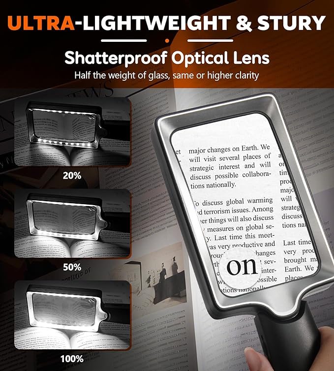 Magnifying Glass with Light - Lighted Magnifier with 20 LED, Large Handheld Magnifying Glasses Illuminated Rectangle Magnifier for Seniors Reading Low Vision Close Work Inspection (Black)