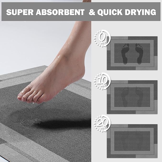 Non Slip Long Bathroom Runner Rug Bath Mat, Rubber Backing Ultra Thin Bathroom Rugs Fit Under Door Quick Dry Super Absorbent Washable Shower Mat for Bathtub Sink Floor, Dark Grey 17"x59"