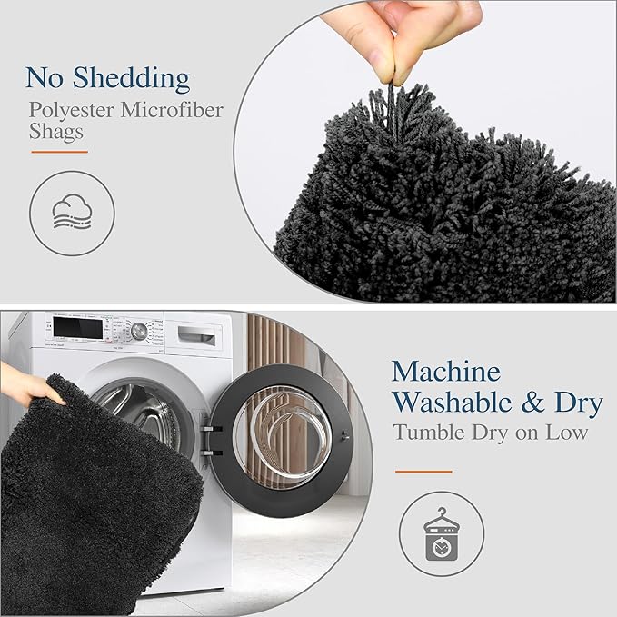 Walensee Contour Rug (20x24, Black) Non Slip Bath Mat for Bathroom Water Absorbent Soft Microfiber Shaggy Mat Machine Washable U Shape Toilet Rug