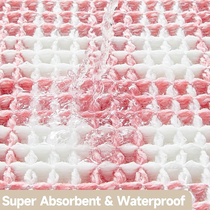 Waffle Bath Mat, Boho Bathroom Rugs Non Slip Washable Absorbent Checkered Bathroom Mat Quick Dry Cute Bath Mat, 48"x24" Pink and White