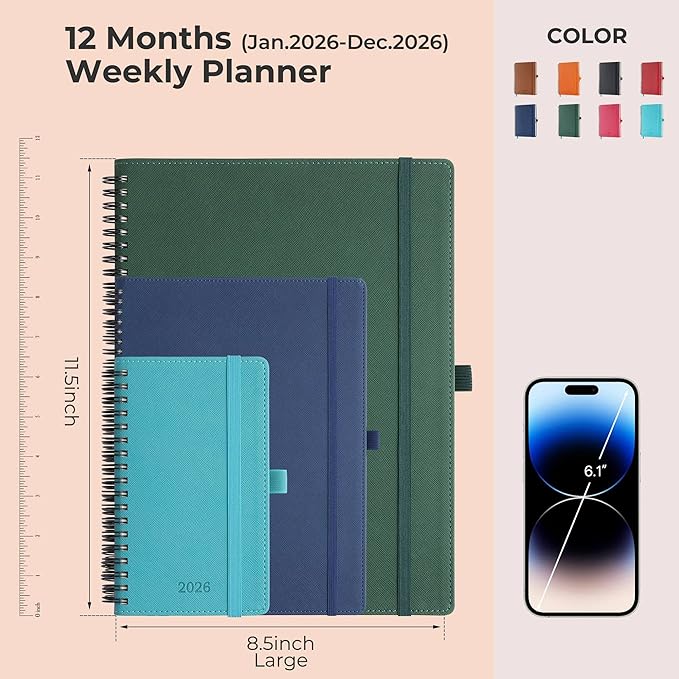 Planner 2026 Daily Weekly and Monthly,11.5"x8.5",12 Months Spiral Bound Calendar Agenda with Self-adhesive Pen Holder,2026 Appointment Book with Vegan Leather Soft Cover,Blue